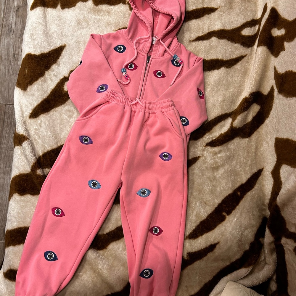 Pink Eye-Patterned Hoodie and Joggers Set